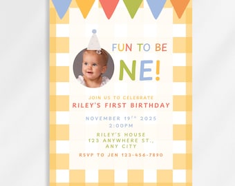 Fun to Be One Birthday Invitation, First Birthday Invite Template, Colorful 1st Birthday Party, Editable Canva Invite, Digital Download