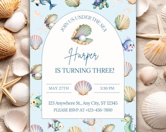 Under the Sea Birthday Invitation, Editable Ocean Animals Party Invite, Ocean Creatures Party Invite, Printable & Digital Template