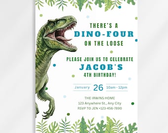 Dino-Four Birthday Invitation, Editable Dinosaur Party Invite, T-rex Birthday, 4th Birthday Dino Theme, Boho, Printable and Digital Download