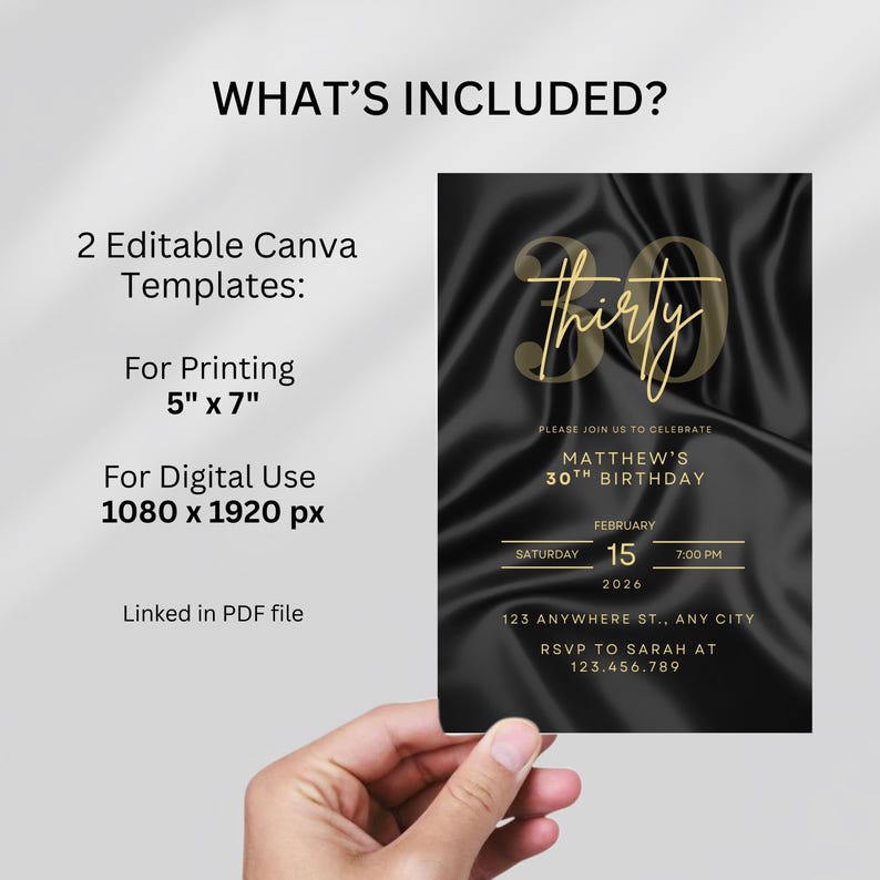 Op de afbeelding: Zwarte en gouden 30e verjaardagsuitnodiging met het woord "thirty" in elegant schrift. De uitnodiging bevat de tekst "Matthew's 30th Birthday" en evenementdetails. De uitnodiging is 12,7 cm x 17,8 cm voor afdrukken en 1080 x 1920 px voor digitaal gebruik.