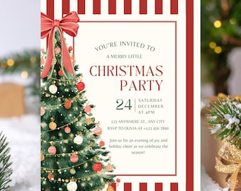 May include: Christmas party invitation with a festive design. The invitation features a decorated Christmas tree, a red bow, and text that reads "You're Invited to a Merry Little Christmas Party" with event details.