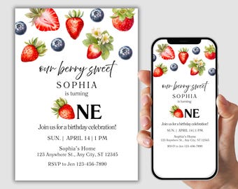Editable Berry Sweet One Birthday Invitation Template, Strawberry First Birthday Invite, Printable 1st Birthday Party Invitation Card