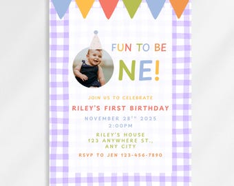 Fun to be One Geburtstagseinladung, Bunte Vorlage zum 1. Geburtstag einladen, 1. Geburtstagsparty Canva, bearbeitbare Kinder einladen, digitaler Download