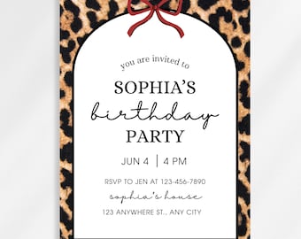 Cheetah Print Birthday Invitation, Red Bow Coquette Party Invite, Trendy Animal Print Birthday Template, Editable Canva Invite