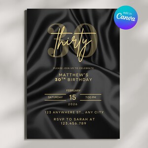 Black & Gold 30th Birthday Invitation for Him, Modern Mens Birthday Evite, Editable 30th Party Invite Template, Digital Download