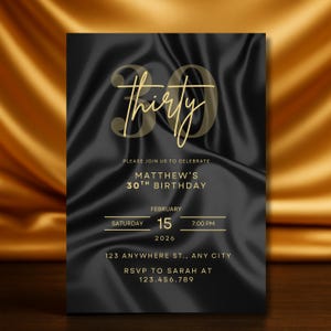 Black & Gold 30th Birthday Invitation for Him, Modern Mens Birthday Evite, Editable 30th Party Invite Template, Digital Download
