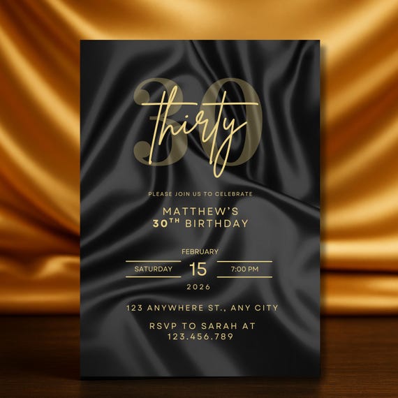 Black & Gold 30th Birthday Invitation for Him, Modern Mens Birthday Evite, Editable 30th Party Invite Template, Digital Download