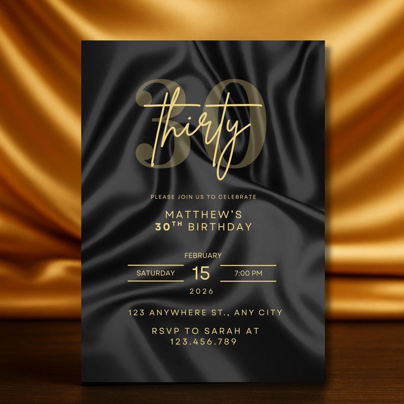 Black & Gold 30th Birthday Invitation for Him, Modern Mens Birthday Evite, Editable 30th Party Invite Template, Digital Download
