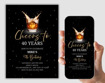 Whiskey Birthday Invitation for Men, Bourbon Scotch Party Invite, Adult 30th 40th 50th, Editable Canva Template Printable, Digital Download