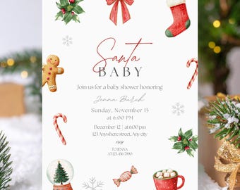 May include: A festive baby shower invitation with the words "Santa Baby" in elegant script. The invitation features watercolor illustrations of Christmas elements like a gingerbread man, candy canes, and a snow globe. The details include the date, time, and location.