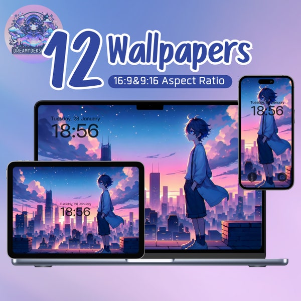 Enchanting Anime Cityscape Wallpaper, Lo-Fi Aesthetic, Serene Dusk, Vibrant Urban, Anime Background, Desktop wallpaper, Instant Download