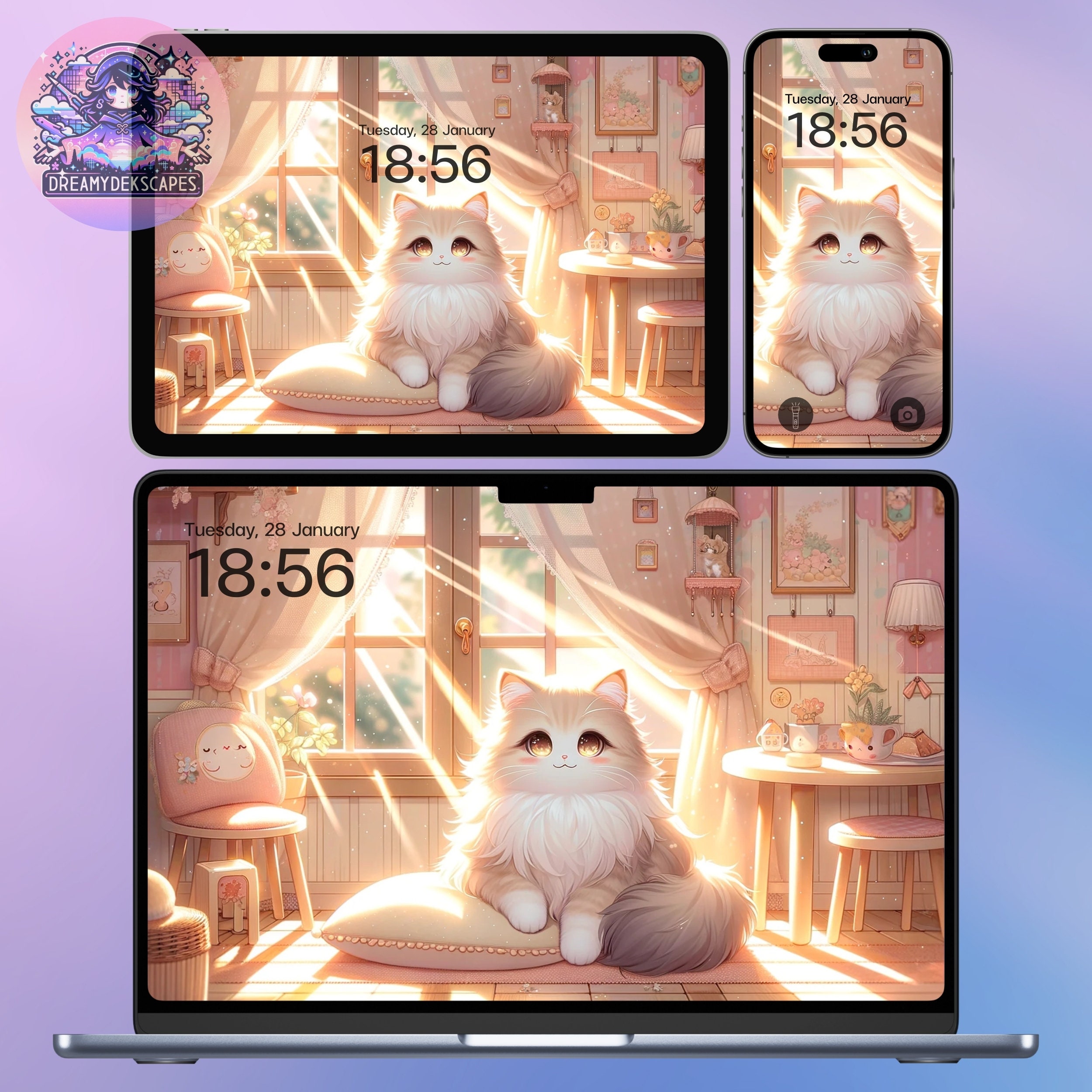 Dreamy Anime Cat Wallpaper, 4k Digital Art for Desktop, Phone, Laptop