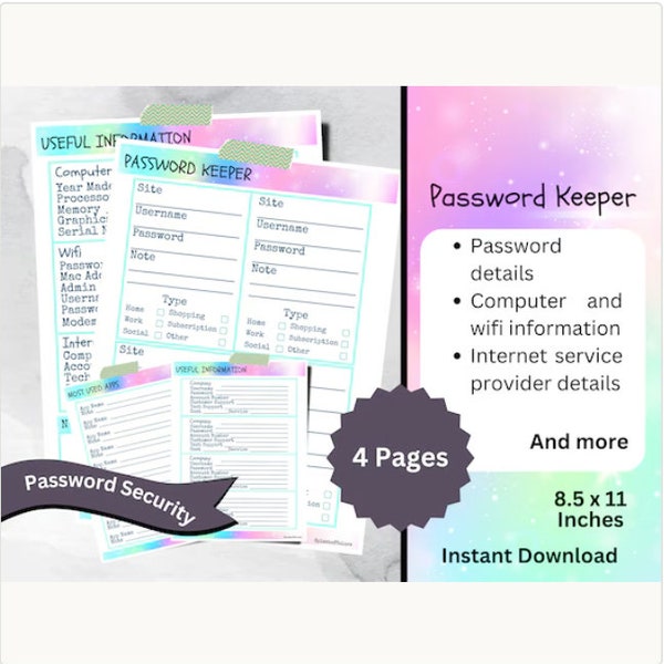 RAINBOW Printable Password Organizer With Utility, Services, Apps, & Computer Information, Digital Life Organization Tool, Password Security