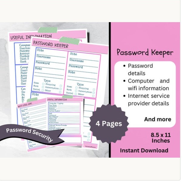 PINK Printable Password Organizer With Utility, Services, Apps, and Computer Information, Digital Life Organization Tool, Password Security