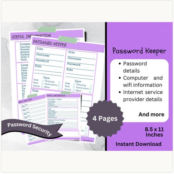 PURPLE Printable Password Organizer With Utility, Services, Apps, and Computer Information, Life Organization Tool, Password Security