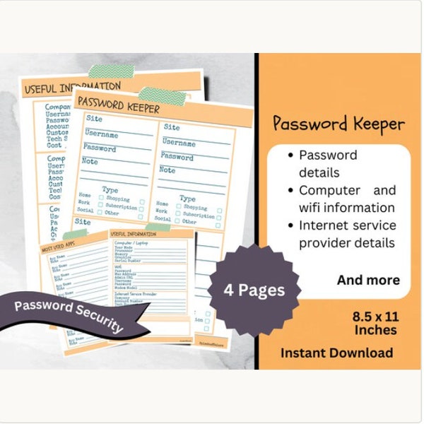ORANGE Printable Password Organizer With Utility, Services, Apps, & Computer Information, Digital Life Organization Tool, Password Security