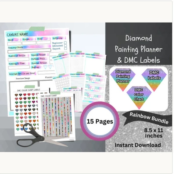 RAINBOW BUNDLE Printable Diamond Painting Planner, Paint with Diamonds Organizer, Printable Dmc Color Label Stickers & Dmc Color Chart