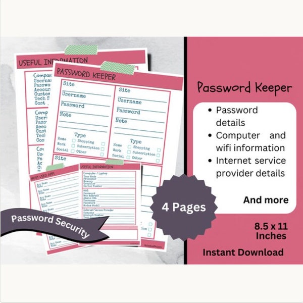 RED Printable Password Organizer With Utility, Services, Apps, and Computer Information, Digital Life Organization Tool, Password Security