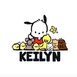 Puede incluir: Un perro blanco con orejas negras y una camiseta roja rodeado de pollitos amarillos, un oso marr&oacute;n, un gato blanco y un pato amarillo. El texto "KEILYN" est&aacute; debajo de la imagen.