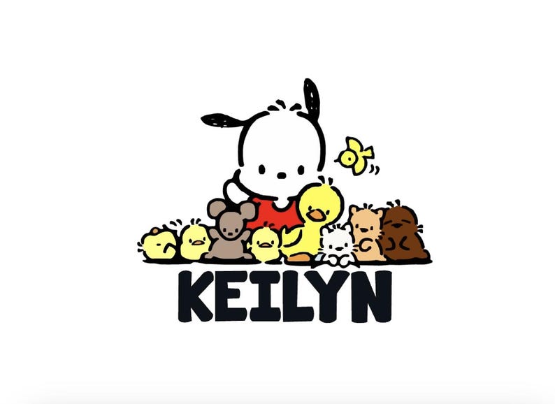 Puede incluir: Un perro blanco con orejas negras y una camiseta roja rodeado de pollitos amarillos, un oso marr&oacute;n, un gato blanco y un pato amarillo. El texto "KEILYN" est&aacute; debajo de la imagen.
