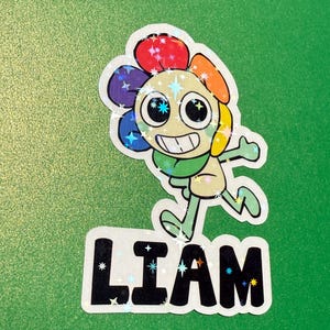 May include: A colorful cartoon flower character with a big smile and sparkling eyes. The character is running and has the name "LIAM" written below it.