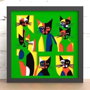 Fichier découpé au laser pour décoration d'intérieur en couches 3D, Dxf et Svg de boîte d'ombre de chats, téléchargement numérique de conception multicouche (pour la découpe laser, la Cricut et la silhouette)