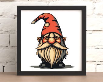 May include: A framed illustration of a garden gnome. The gnome has a red hat, a long white beard, and a neutral expression. The artwork is set against a white background and framed in black.