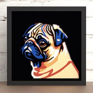 May include: A colorful illustration of a pug dog with blue, orange, and white accents against a black background.