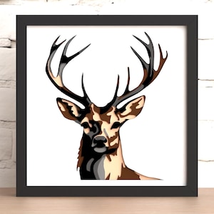 May include: A stylised illustration of a deer head with large antlers. The deer is brown, black and white.