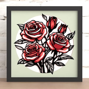 Scatola delle ombre tagliata al laser Fiore Svg, Rosa vintage a strati 3D Svg DXF, Download digitale di arte murale romantica (per laser, Cricut e Silhouette)