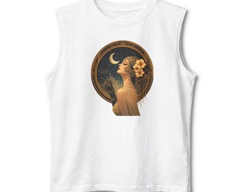 Illustration d'une femme au clair de lune | Scène de nuit florale Art nouveau