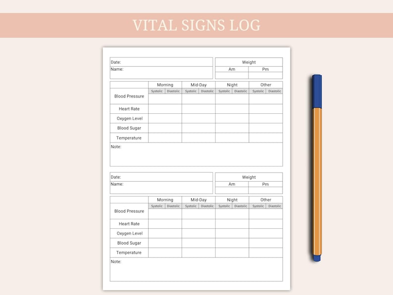 Vital Signs Log Printable, Daily Vitals Tracker for Nurse, Blood ...
