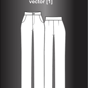 May include: Line drawing illustration of a pair of high-waisted straight leg trousers. The trousers have a simple design with no visible pockets or embellishments.