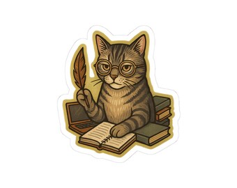 Literary Glasses Cat with Quill Logo Kiss-Cut Sticker: Bibliophile Laptop Decal