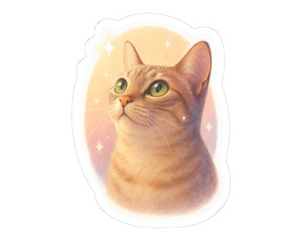 Whimsical Cat Kiss-Cut Sticker: Glossy Pet Decor Looking Up Toward Sparkly Sunrise