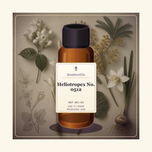 May include: An amber glass bottle with a black cap, featuring a white label that reads HombreOils Heliotropex No. 0512, REF. MO-105, AGE: 21 YEARS, PRODUCED: 2005. The bottle is centred against a background of illustrated white flowers and green foliage.