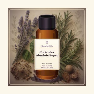 Peut inclure: Une bouteille en verre ambré avec un bouchon noir et une étiquette blanche portant les inscriptions HombreOils, Coriander Absolute Super, REF. MO-060, AGE: 24 YEARS, PRODUCED: 2002. Elle est entourée d'illustrations de lavande, romarin et coriandre.