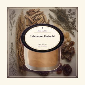 Könnte beinhalten: Ein Glasgefäß mit Labdanum Resinoid und einem Etikett mit der Aufschrift HombreOils, Labdanum Resinoid, REF. MO-131, AGE: 20+ YEARS. Das Gefäß ist von botanischen Elementen wie Holzspänen, Kiefernnadeln, Wurzeln und dunklen Harzstücken umgeben.