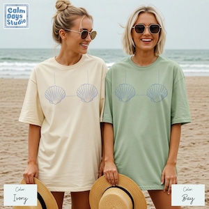 Camiseta divertida de bikini de concha con colores cómodos para la playa, top de bikini de concha con garabatos, camiseta con gráfico de sirena, camiseta divertida para chicas para un viaje a la playa
