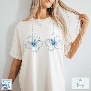 Hibiscus Flower Bikini Funny Beach Comfort Colors T Shirt Doodle Flower Bikini Top Mermaid Graphic Tee Girls Beach Trip Fun T-Shirt