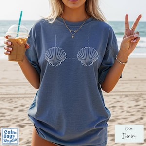 Camiseta divertida de bikini de concha con colores cómodos para la playa, top de bikini de concha con garabatos, camiseta con gráfico de sirena, camiseta divertida para chicas para un viaje a la playa