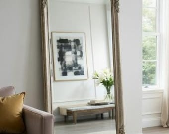 Très grand miroir de sol argenté | Miroir mural sur pied pleine longueur en bois massif sculpté