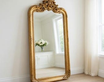 Espejo de pie grande de madera dorada ornamentada / Espejo de pie de lujo vintage para la decoración del hogar