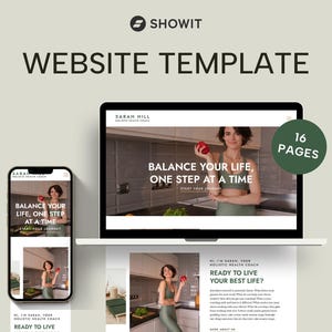 May include: Website template for a holistic health coach. The template features a woman holding a red pepper and the text "Balance your life, one step at a time". The template includes 16 pages.