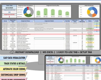 Assignment Tracker Digital Planner | Google Sheets & Excel Student Organizer, School Homework Log, Academic Study
