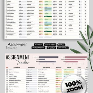 May include: A digital assignment tracker template with a pink and white design. The spreadsheet includes columns for class name, assignment, description, priority, status, date, and time. It is available in A4 format, Google Sheets, and MS Excel.