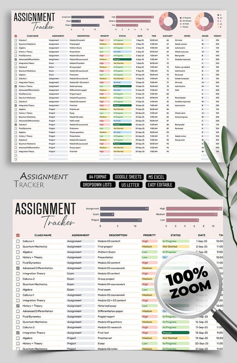May include: A digital assignment tracker template with a pink and white design. The spreadsheet includes columns for class name, assignment, description, priority, status, date, and time. It is available in A4 format, Google Sheets, and MS Excel.