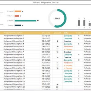 May include: A digital assignment tracker titled "William's Assignment Tracker" with a teal and white color scheme. The tracker displays assignment details, due dates, and statuses, including "Complete," "In Progress," and "Overdue."