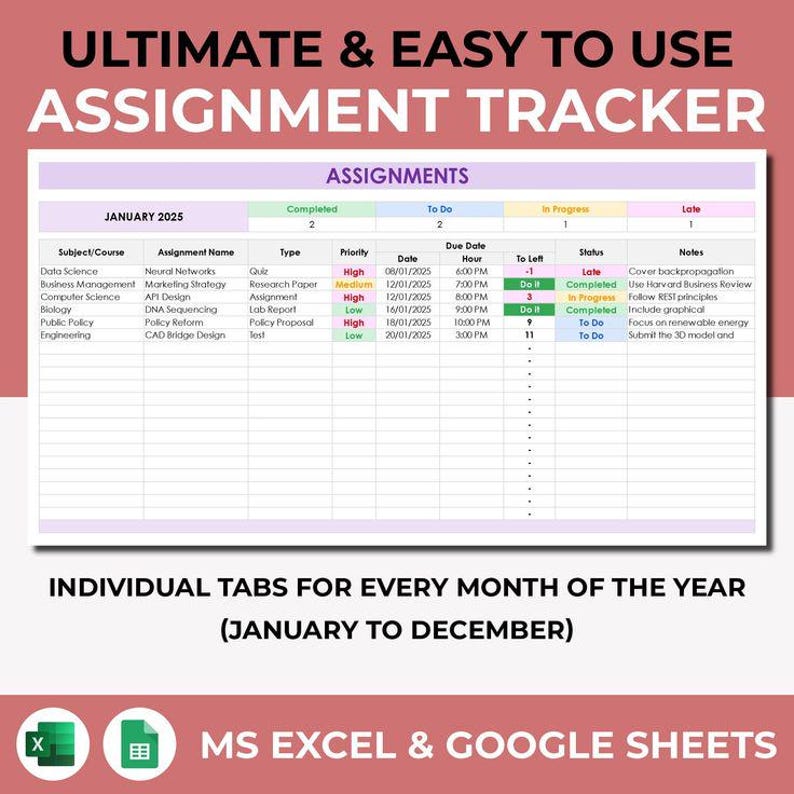 May include: A digital assignment tracker template with a pink header and a white table. The table includes columns for subject, assignment name, type, priority, due date, and status. Text on the image reads "ULTIMATE & EASY TO USE ASSIGNMENT TRACKER".