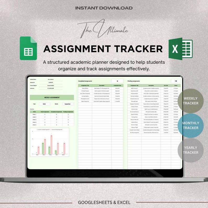 May include: A laptop screen displays an assignment tracker template. The text "ASSIGNMENT TRACKER" is prominent, with supporting text below. The template includes sections for weekly, monthly, and yearly tracking, with a green and white color scheme. The words "INSTANT DOWNLOAD" and "GOOGLESHEETS & EXCEL" are also visible.